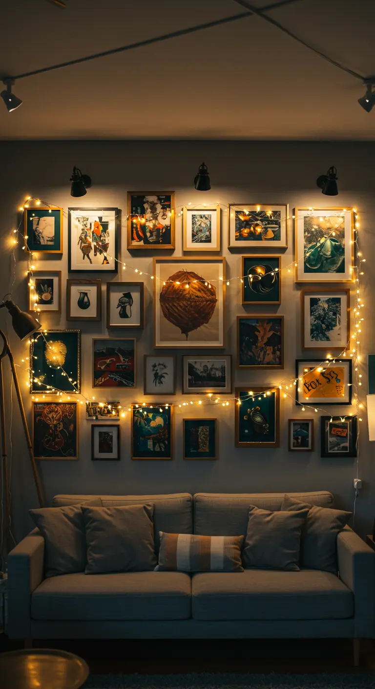 Mur de cadres artistiques illuminé par des guirlandes lumineuses créant un halo doux.