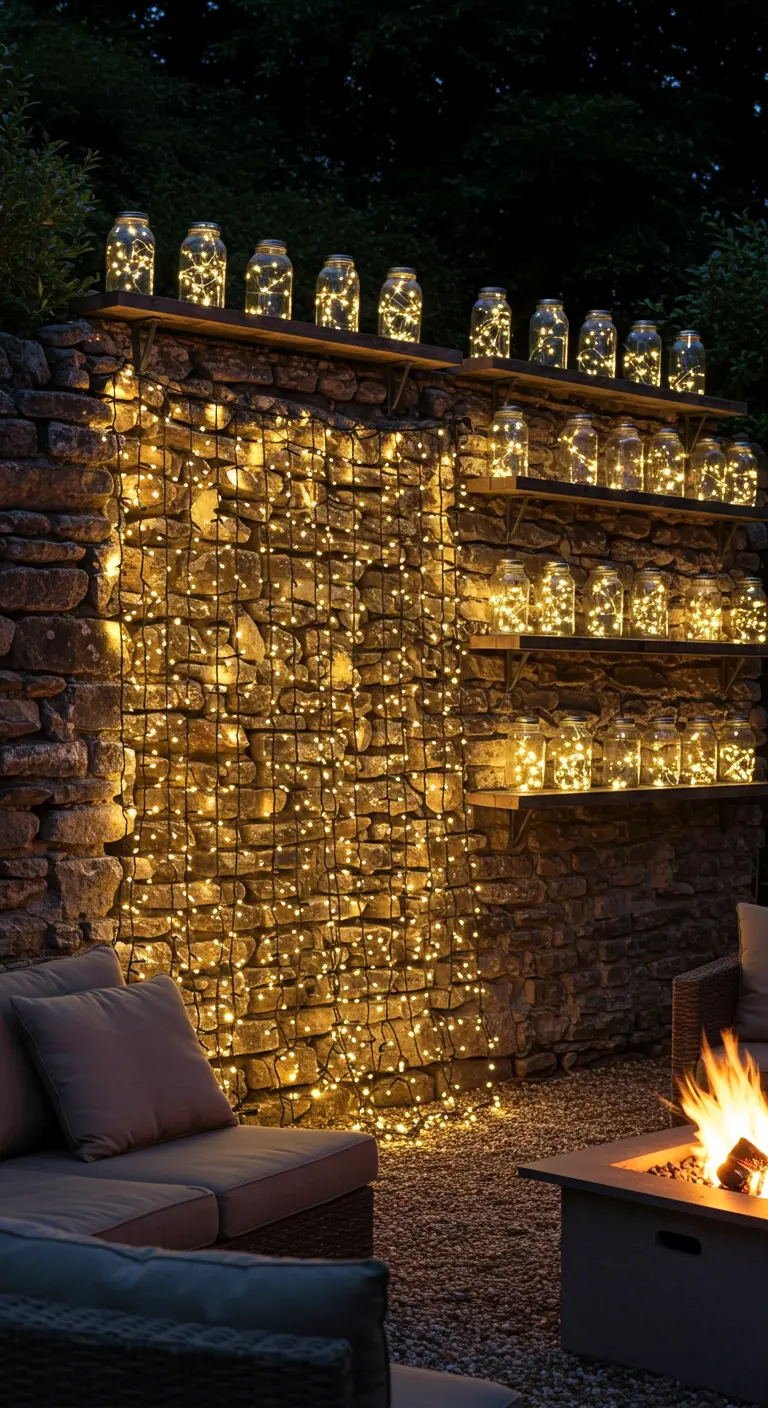Mur de pierres éclairé par un filet de lumières LED et des bocaux lumineux sur des étagères, avec un brasero en pierre.