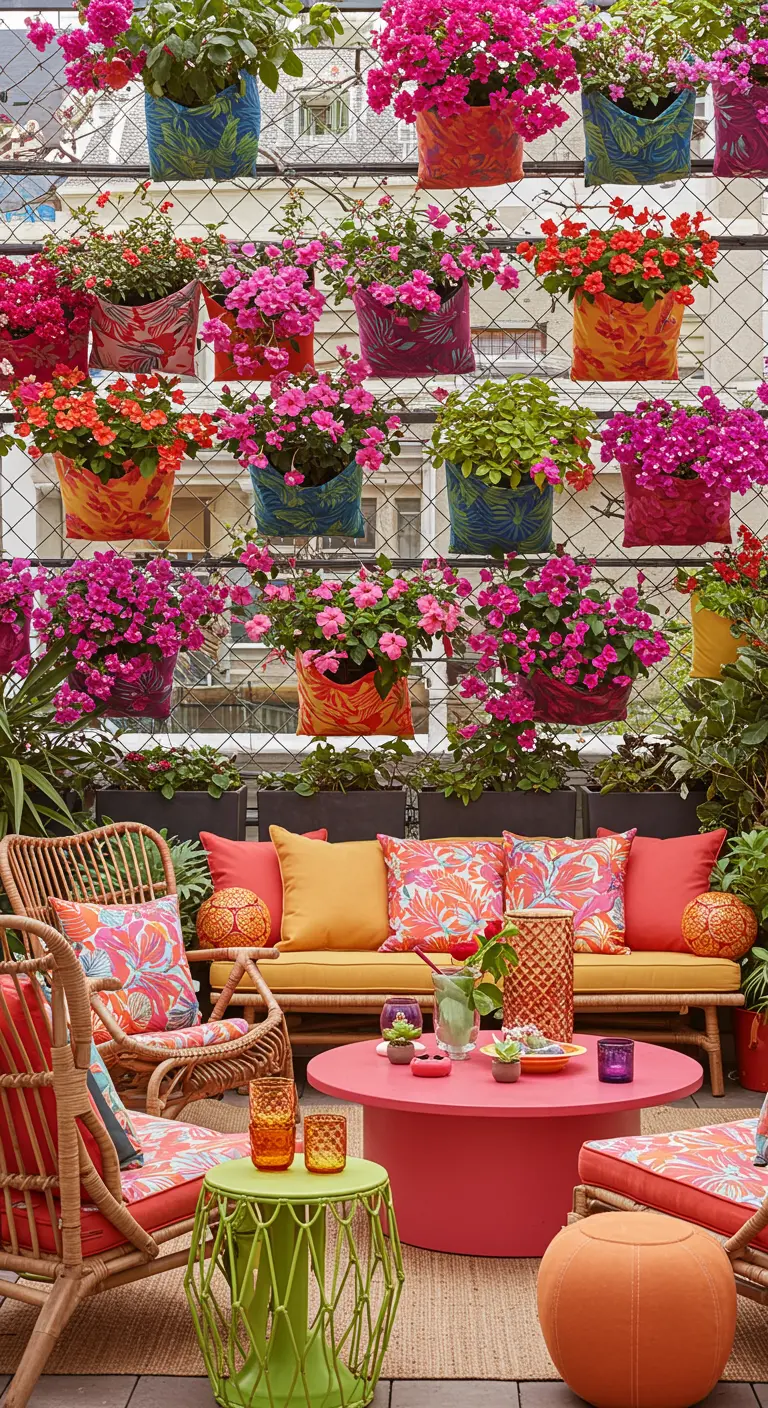 Mur végétal coloré avec des pots en tissu suspendus sur une terrasse aux couleurs vives