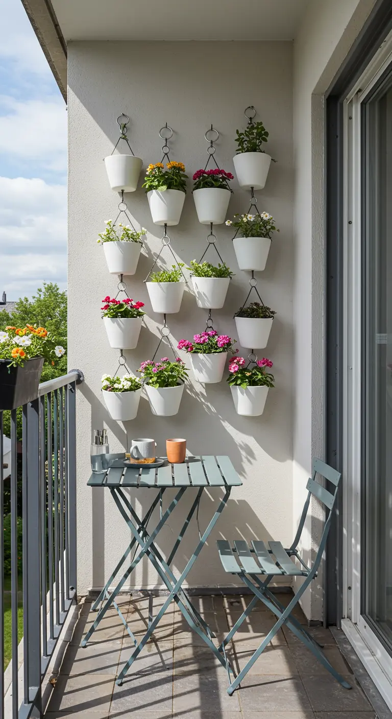 Mur végétal vertical avec de nombreux petits pots blancs remplis de fleurs colorées sur un balcon.