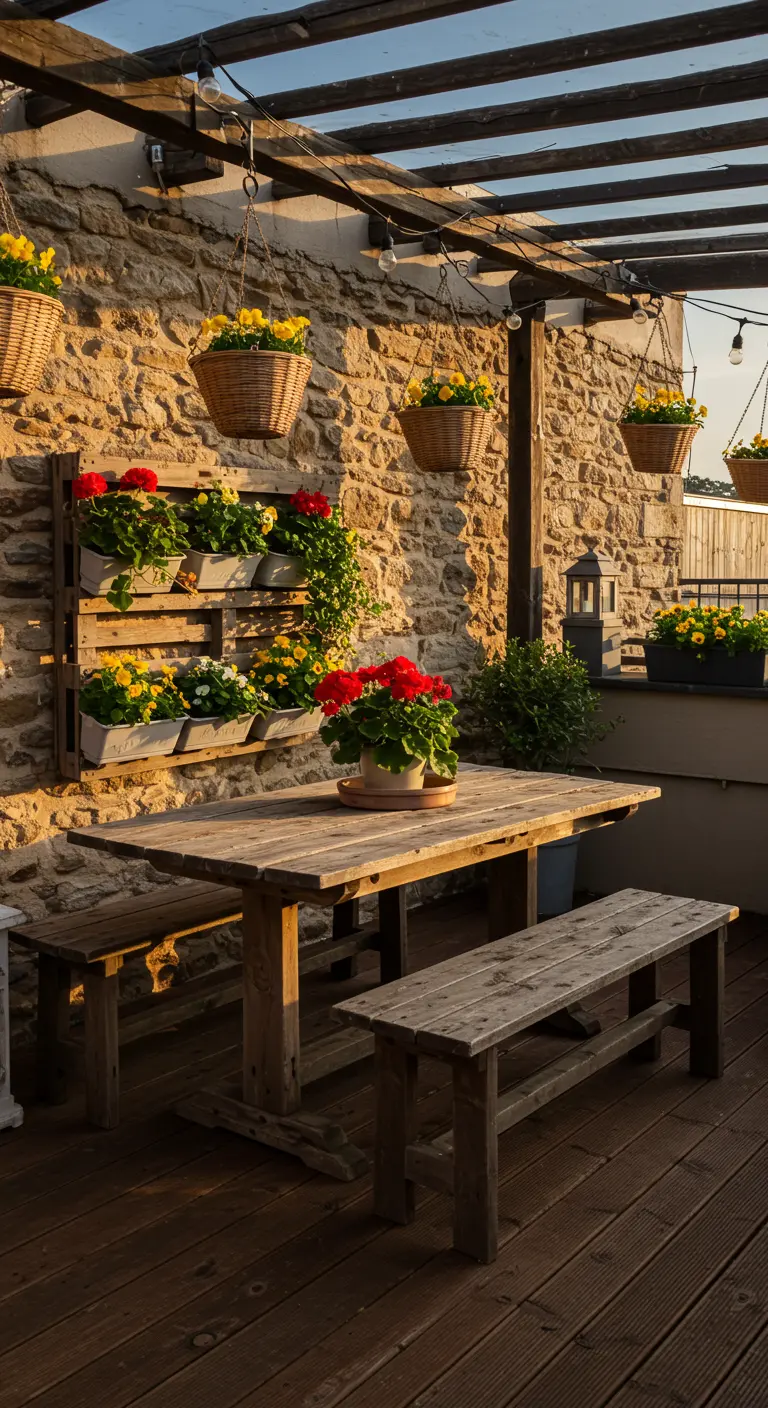 Terrasse rustique avec mur en pierre, paniers suspendus de fleurs jaunes et rouges, table en bois.