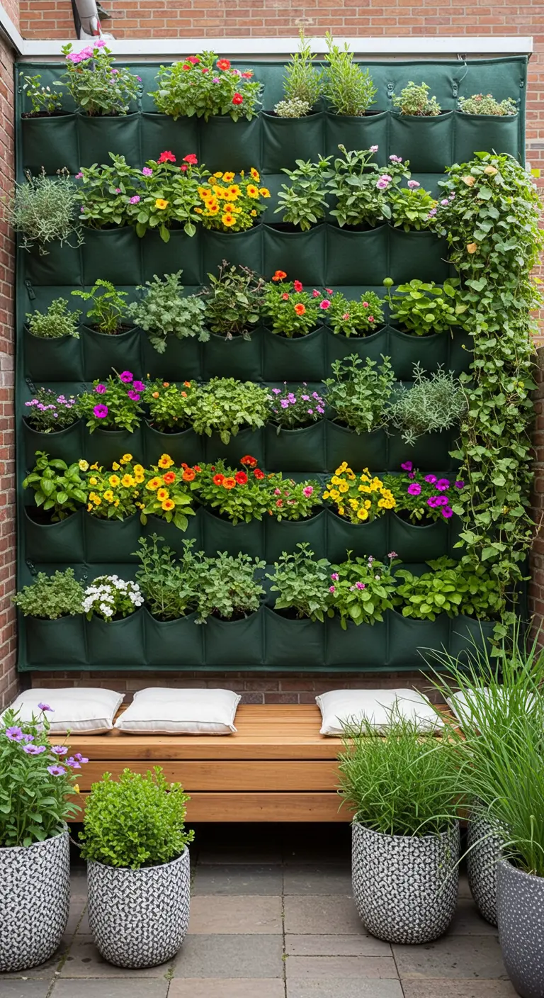 Mur végétal luxuriant sur façade avec banc en bois et pots de plantes au sol.