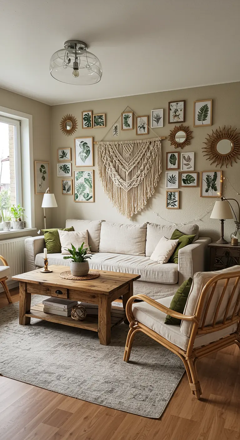 Mur de salon bohème avec galerie de cadres botaniques, macramé et miroirs soleils au-dessus d'un canapé beige.