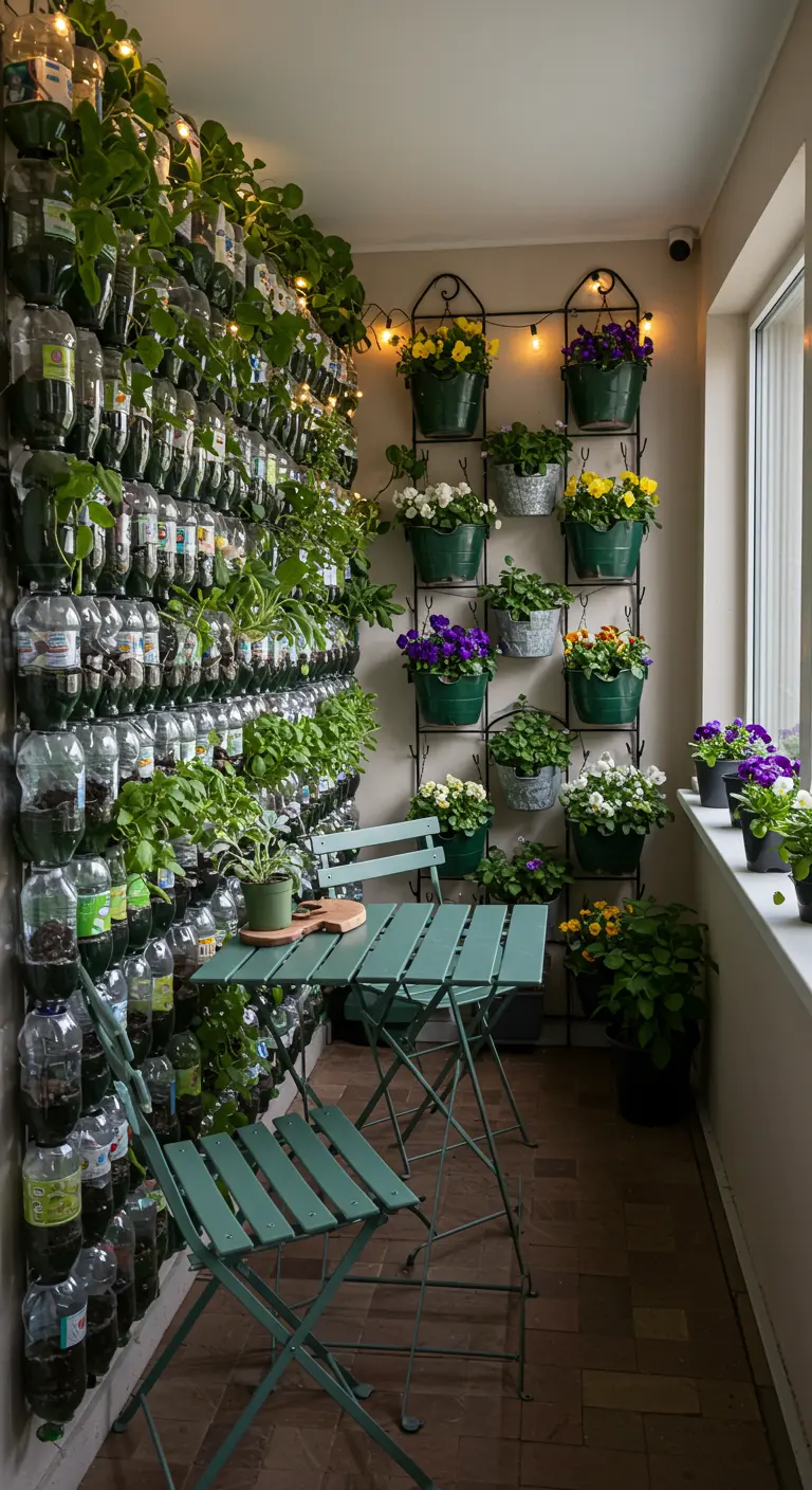 Mur végétal DIY fait de bouteilles en plastique recyclées sur un balcon