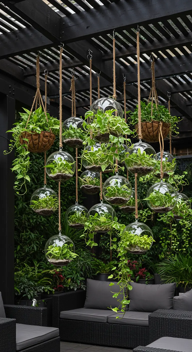 Mélange de paniers suspendus et de terrariums en verre avec diverses plantes vertes sur une terrasse luxuriante.