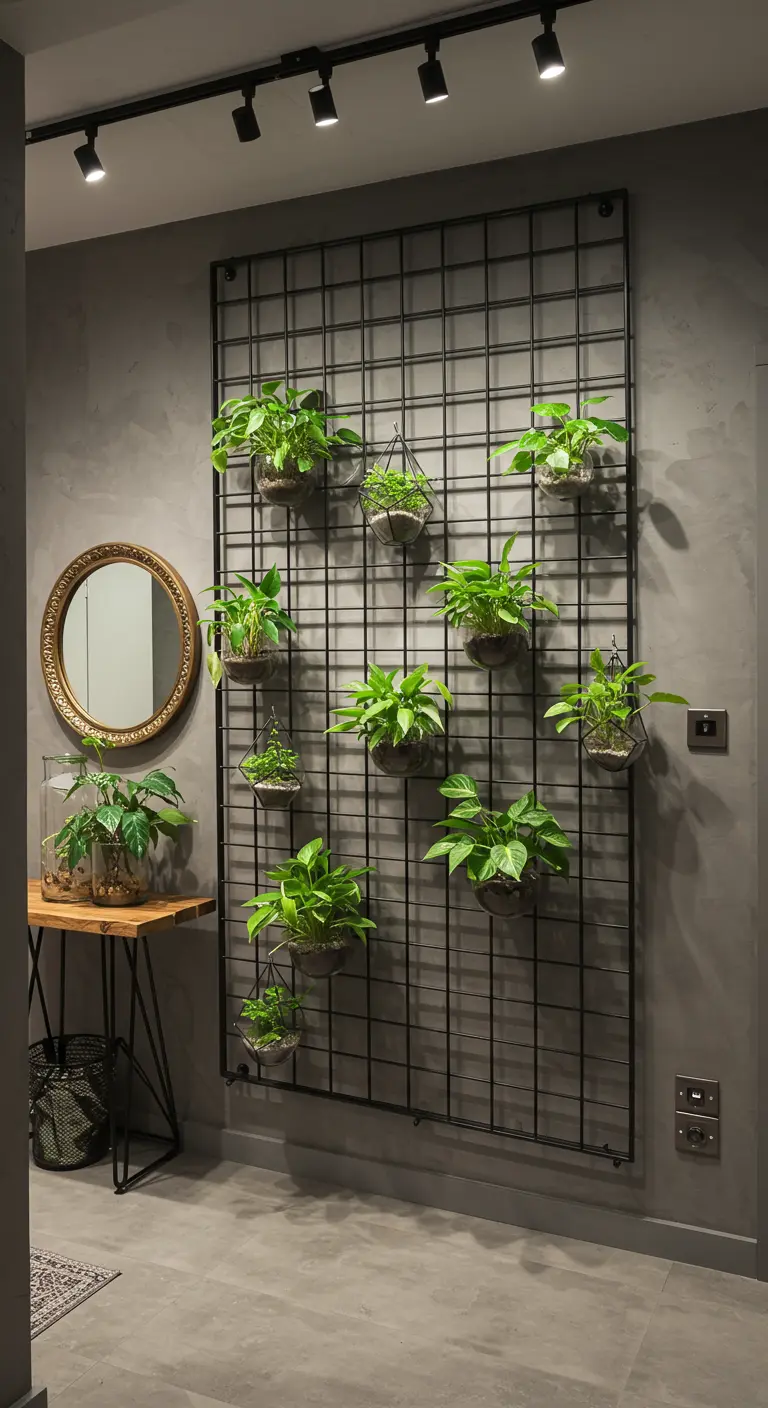 Plantes en pots de verre suspendus sur un grand treillis métallique noir contre un mur gris.