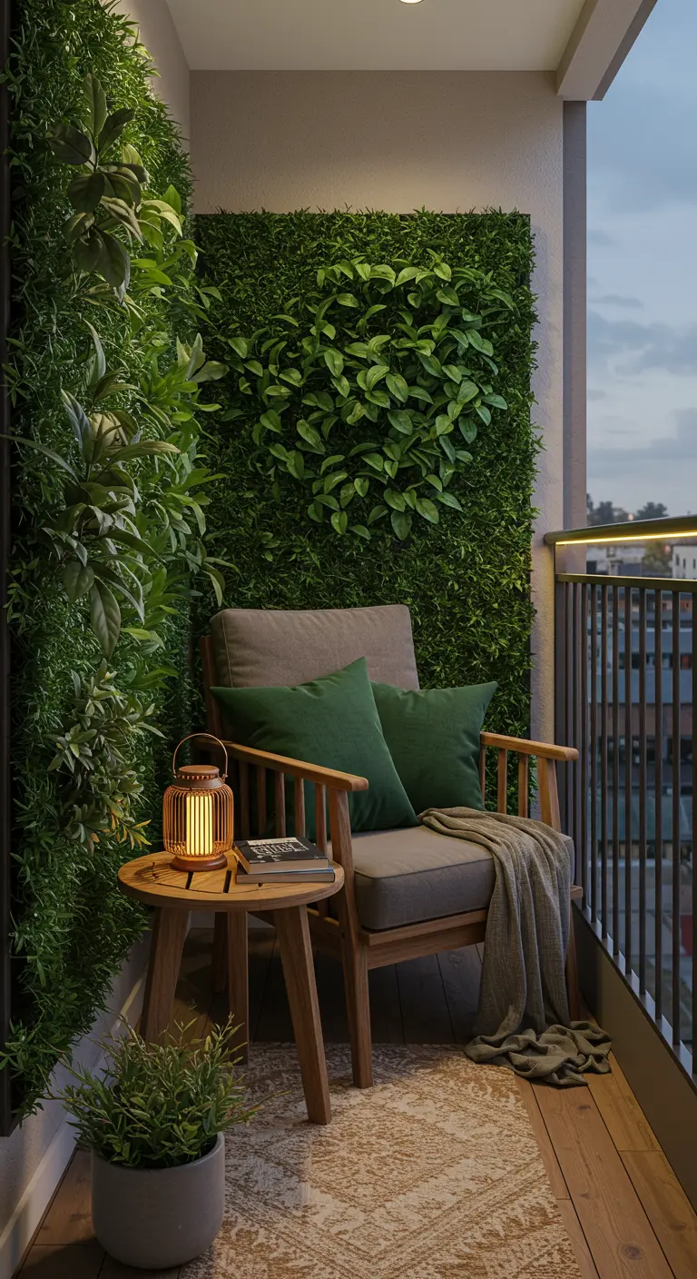 Petit balcon cosy avec mur végétal luxuriant, fauteuil en bois, coussins verts et lanterne éclairée.