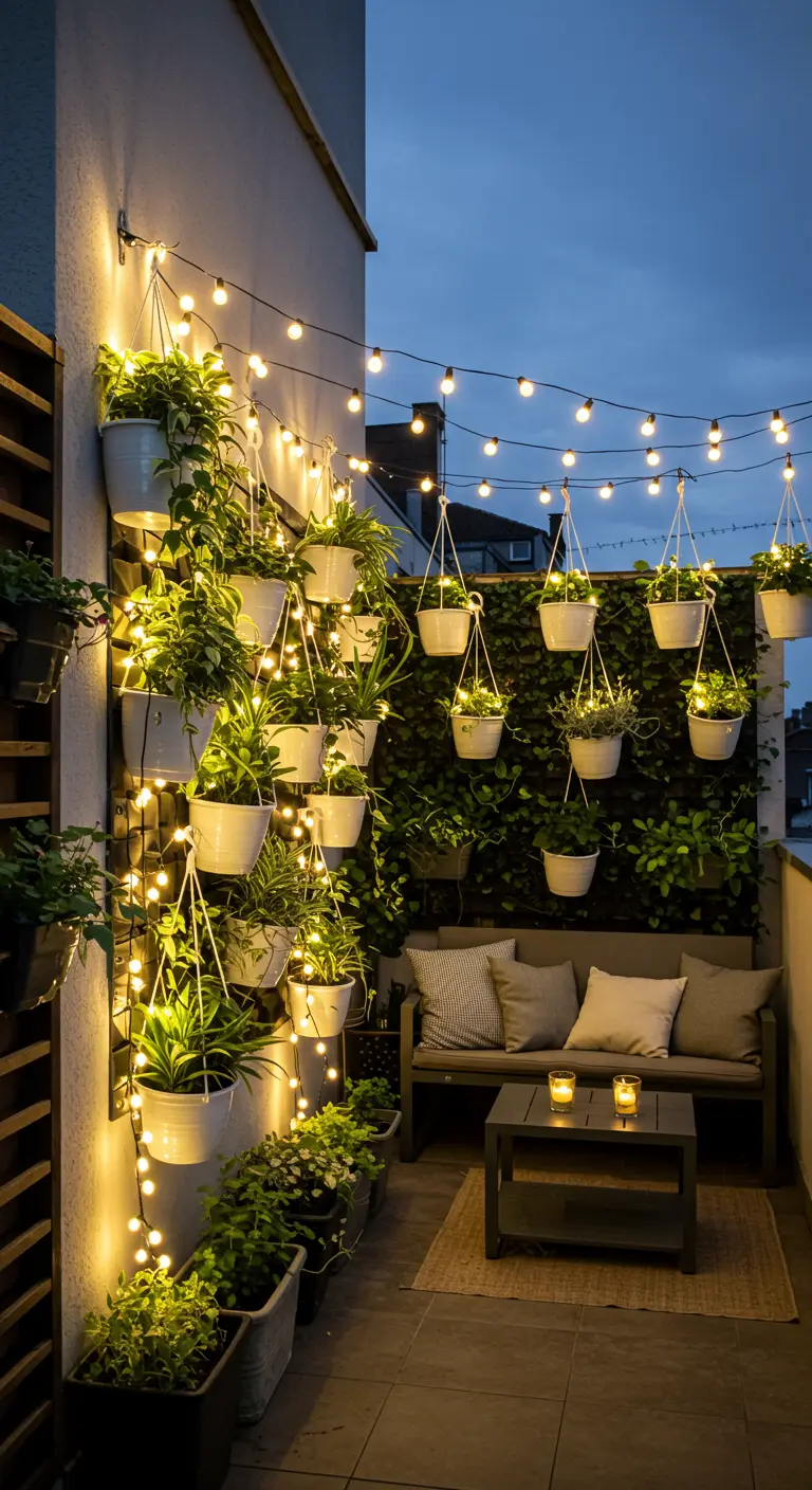 Balcon avec un mur végétal illuminé de guirlandes lumineuses et des pots suspendus.