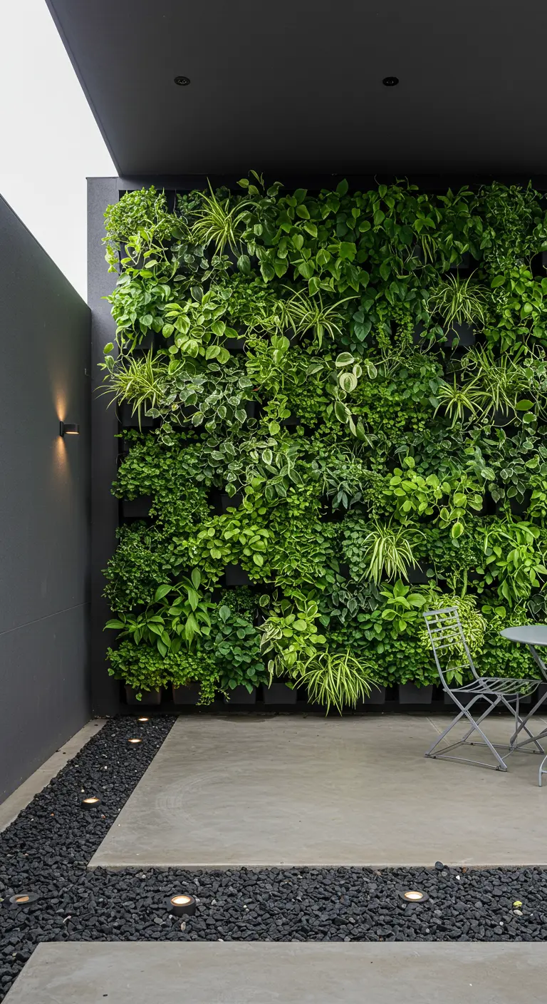 Terrasse avec grand mur végétal, spots lumineux au sol, et bordure de gravier noir.