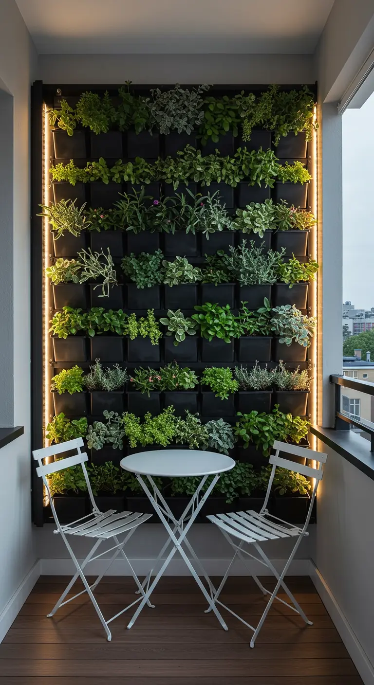Balcon avec mur végétal vertical rétro-éclairé, table et chaises blanches.