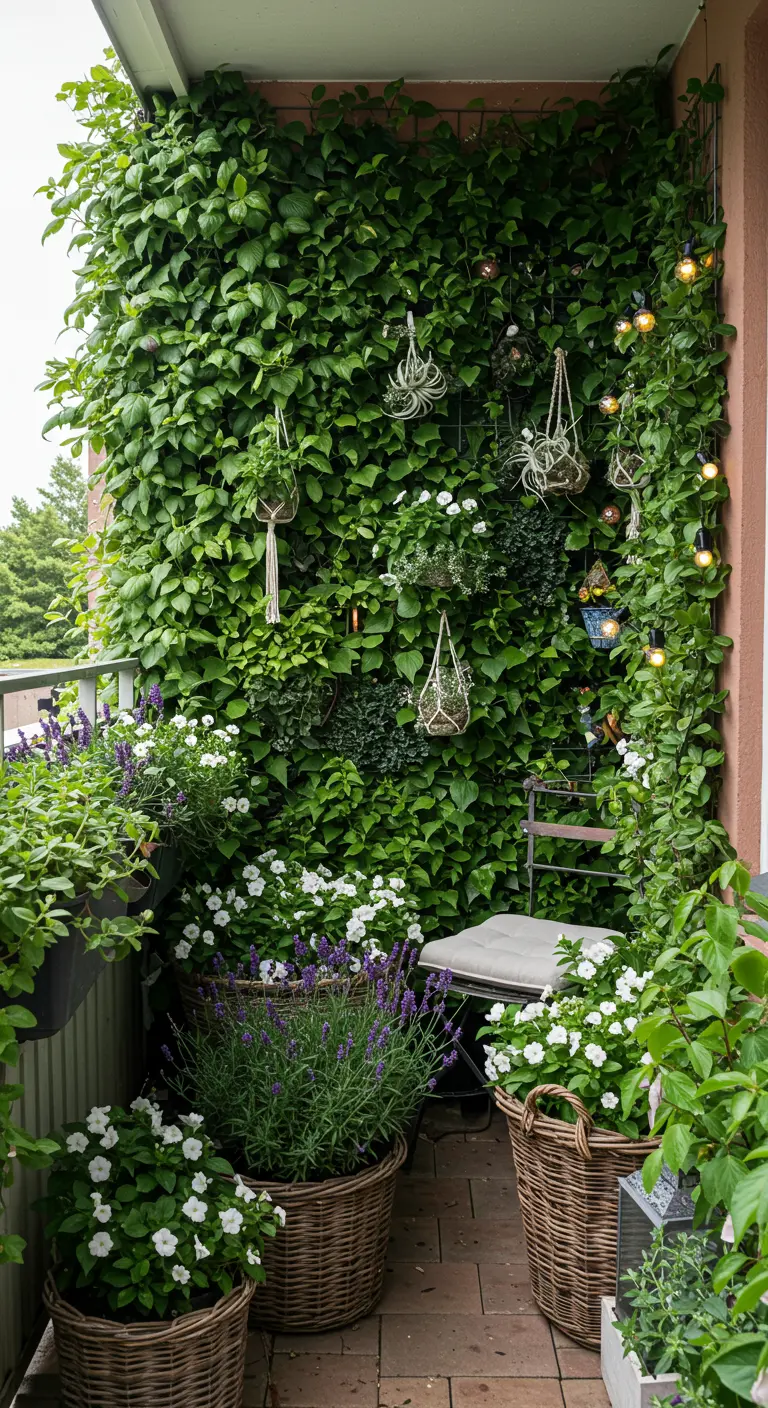 Balcon luxuriant avec mur de lierre, plantes aériennes et fleurs blanches.