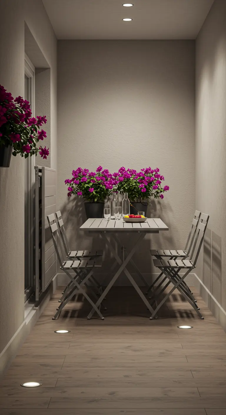 Long balcon étroit avec table et chaises pliantes grises, murs de fleurs fuchsia et lumières encastrées.