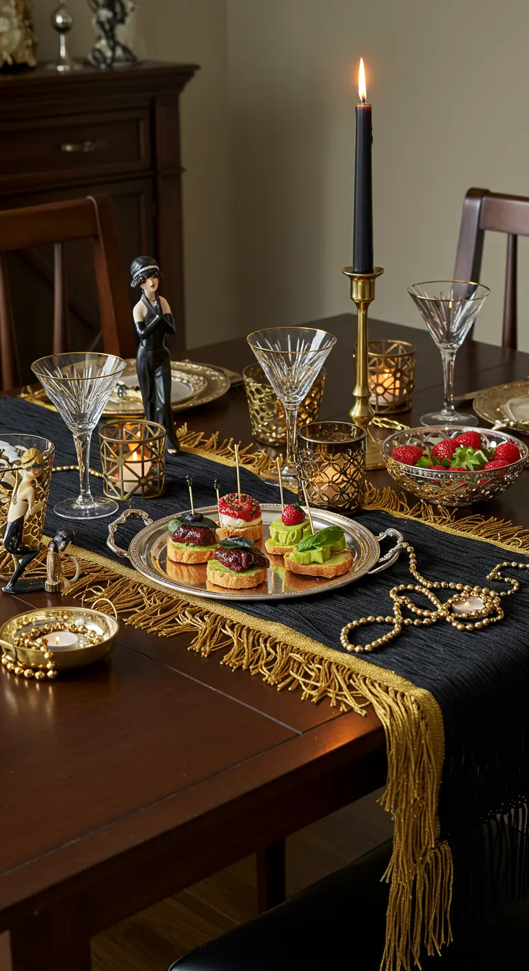 Table de soirée Gatsby avec chemin de table noir et or, verre à martini et accessoires vintage.
