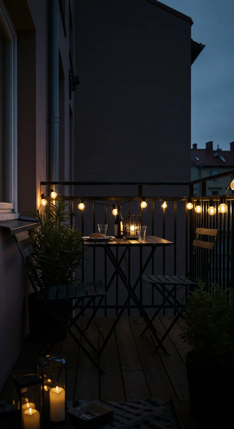 Balcon sombre la nuit avec table et chaises pliantes, guirlande lumineuse et bougies en lanternes.
