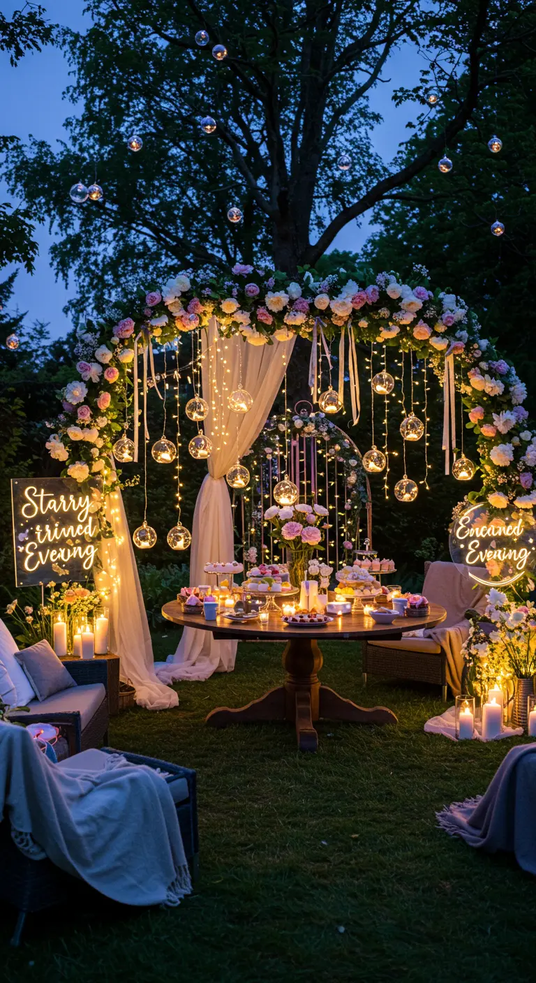 Soirée de Pâques magique avec une arche fleurie et illuminée, bougies et table de desserts élégante.