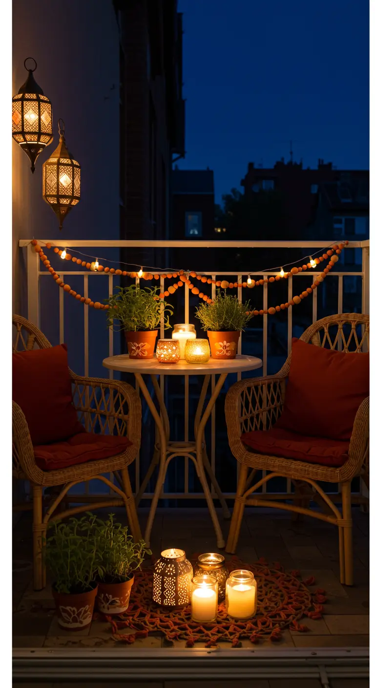 Balcon nocturne avec lanternes marocaines, bougies, ensemble bistro et plantes.