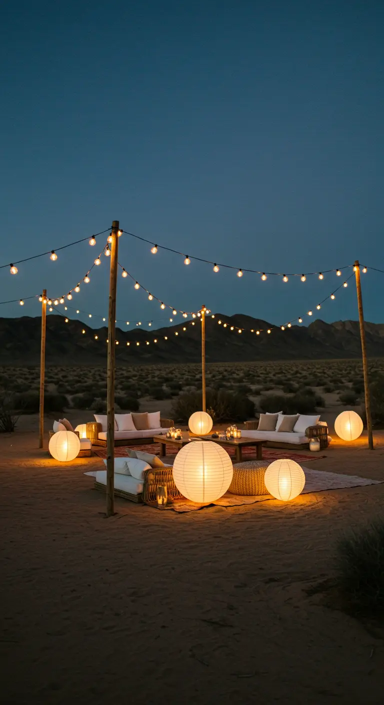 Salon de jardin bohème en plein désert avec guirlandes lumineuses, lampions et tapis.