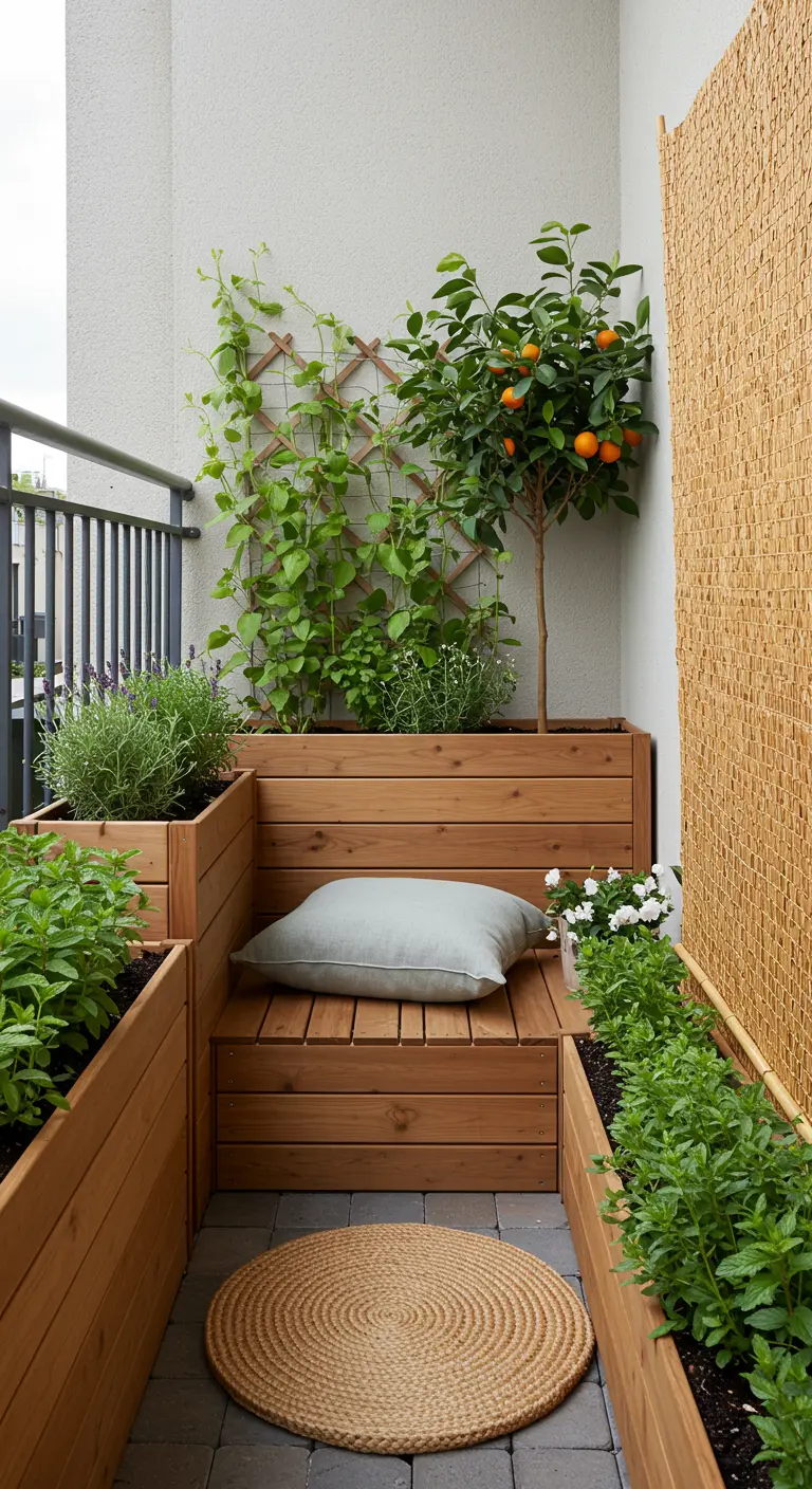 Balcon avec jardinières en bois, salon intégré, agrumes, treillis végétal et tapis en jute