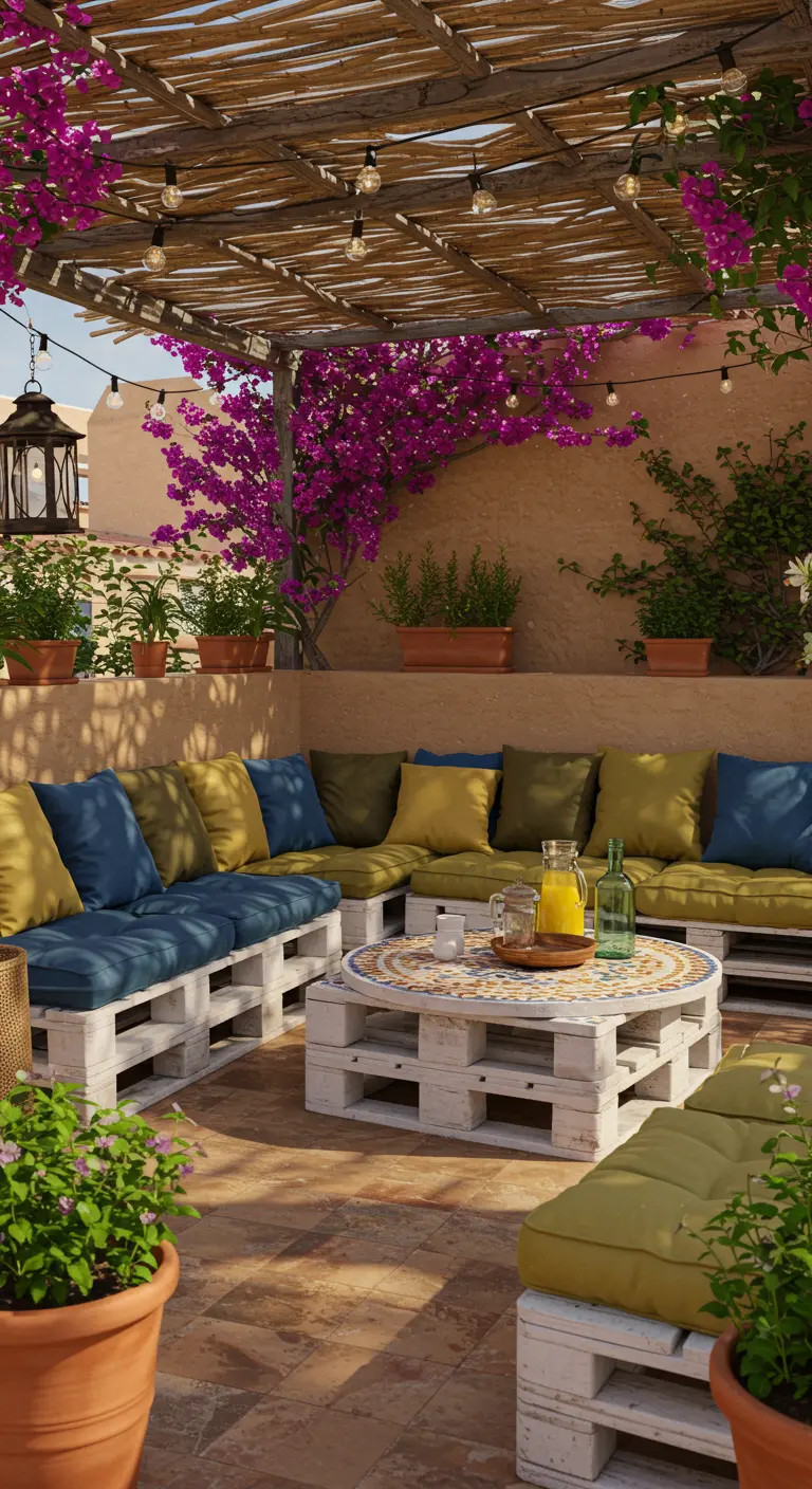 Salon de jardin en palettes blanches, coussins jaune moutarde et bleu, table mosaïque, pergola bambou.