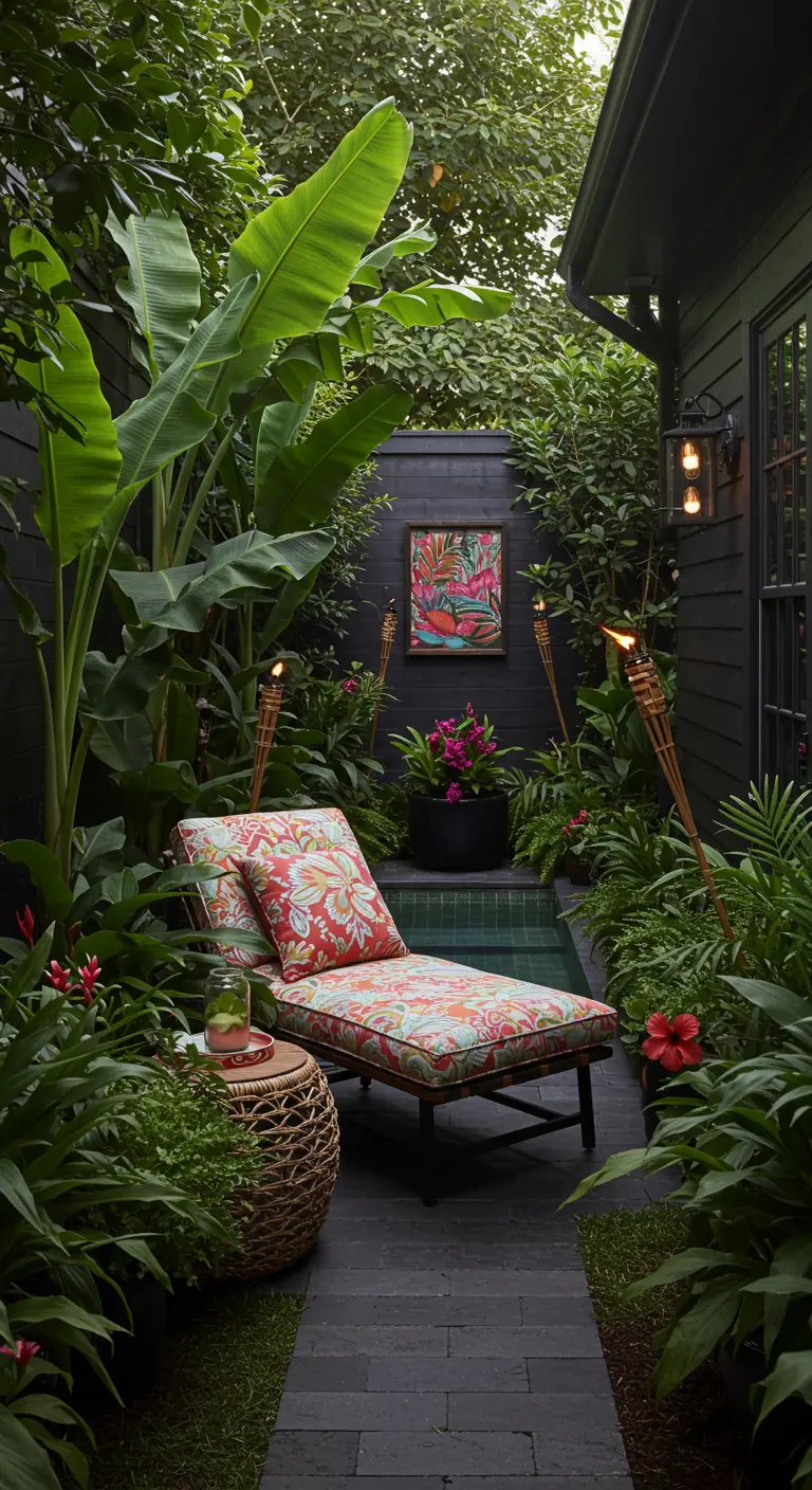 Jardin tropical avec chaise longue, bananiers, torches tiki et tableau coloré.