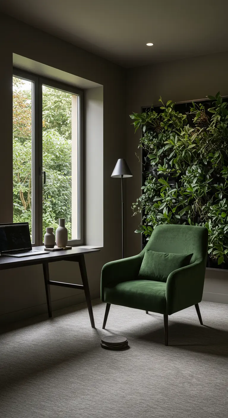 Bureau moderne avec mur végétal, fauteuil vert velours et grande fenêtre donnant sur l'extérieur.