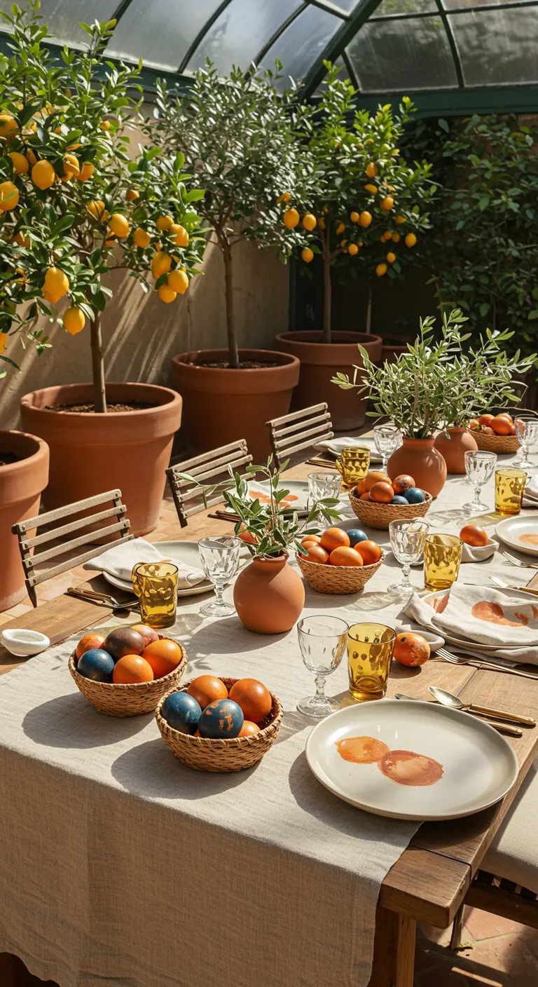 Table d'extérieur méditerranéenne avec citronniers et paniers d'œufs colorés.