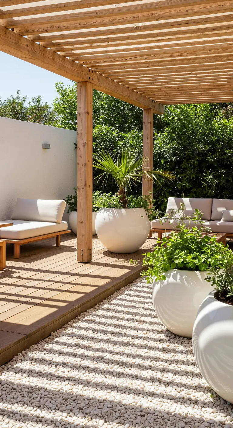 Pergola en bois avec grands pots blancs sphériques, gravier blanc texturé et salon de jardin.