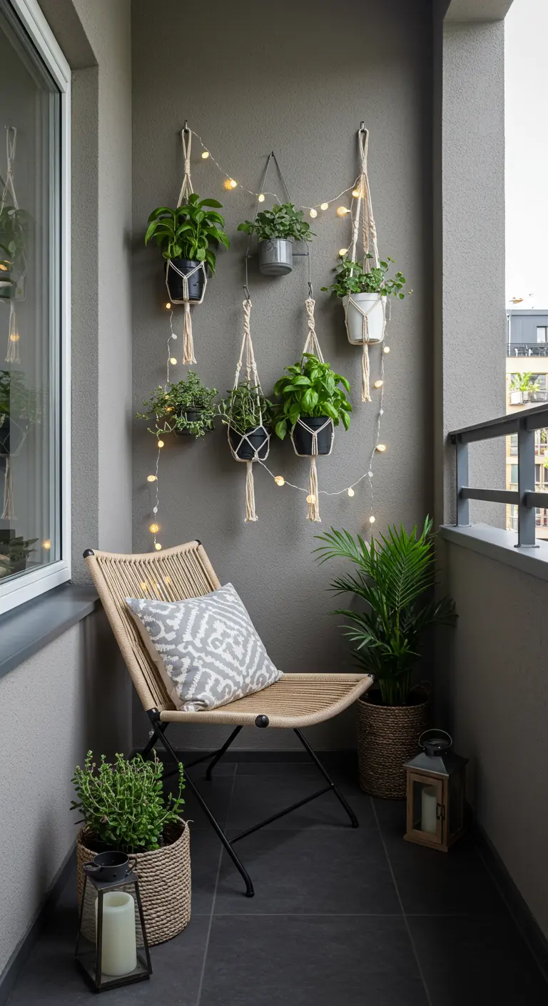 Petit balcon avec plantes murales suspendues, fauteuil en rotin et guirlande lumineuse.