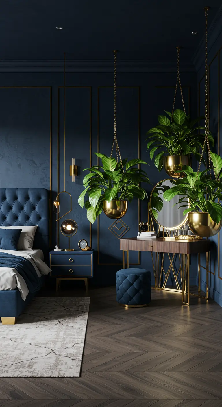 Chambre luxueuse bleu nuit et or, avec trois grandes plantes en pots dorés suspendus.
