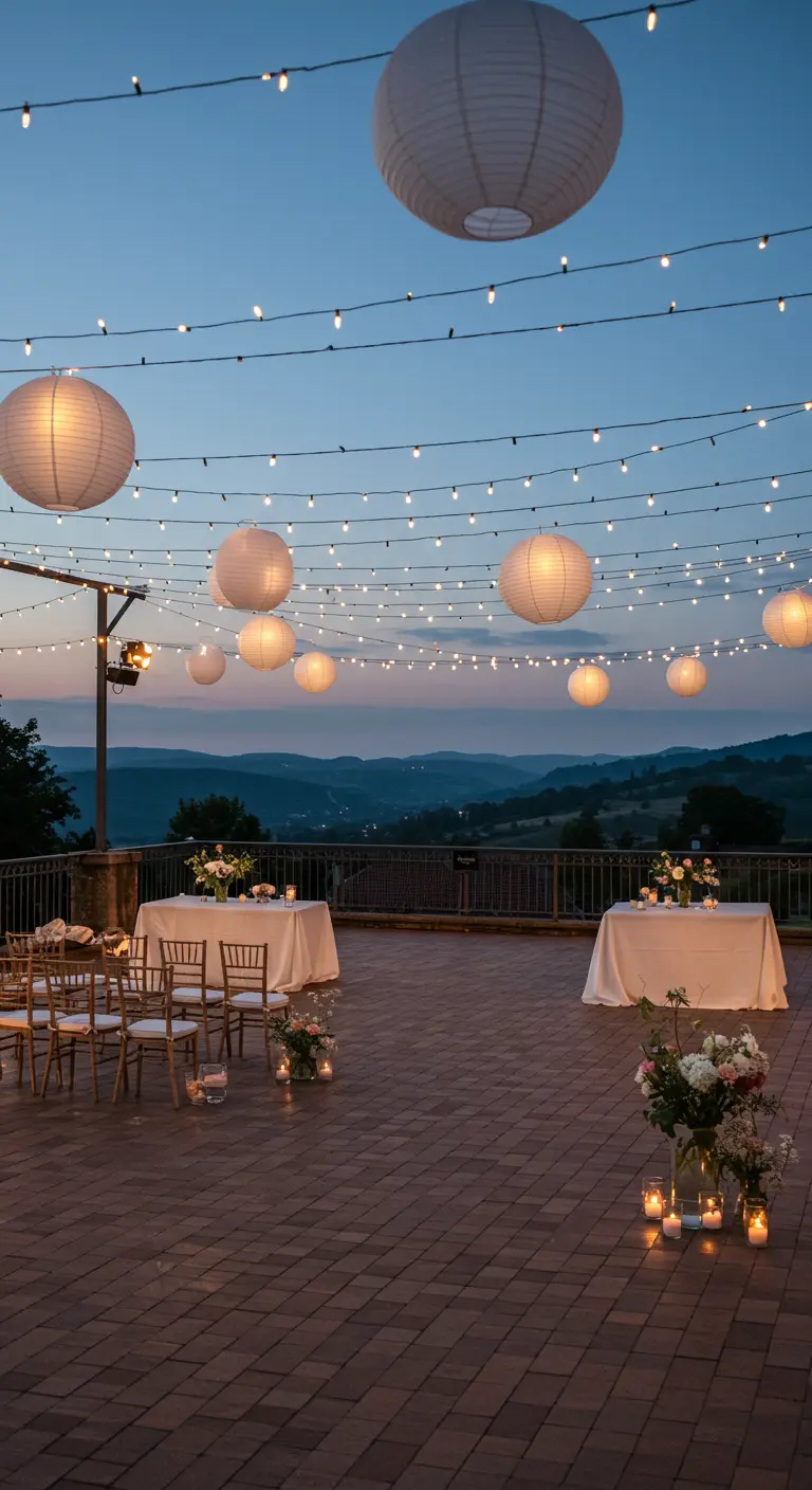 Grande terrasse avec vue sur la vallée, décorée de guirlandes lumineuses et de lampions blancs.
