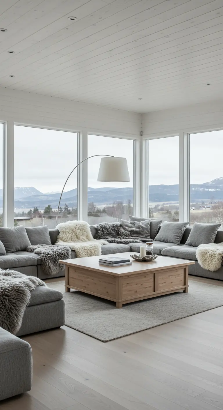 Grand salon scandinave avec canapé d'angle gris, peaux de mouton, table basse bois et vue panoramique.