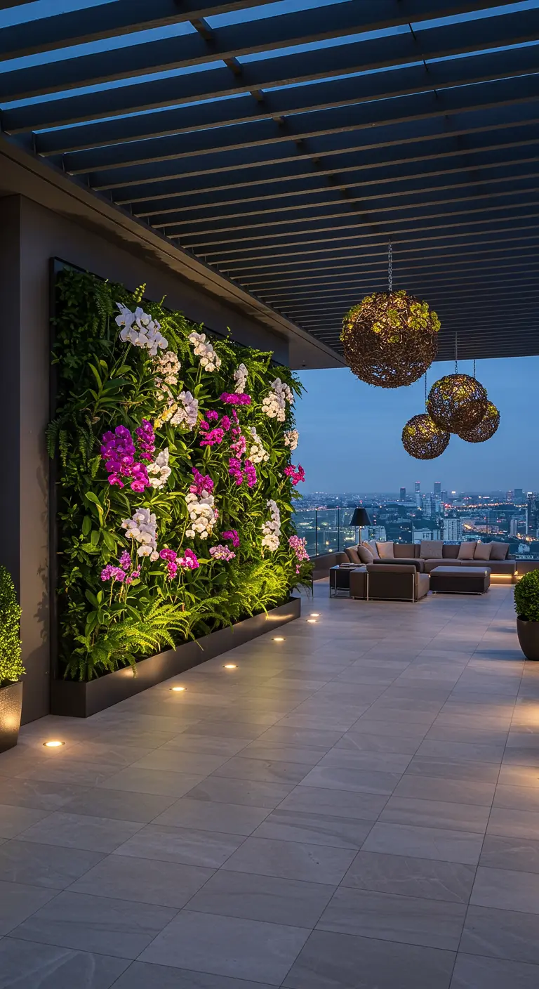 Grande terrasse avec un mur végétal monumental d'orchidées et de fougères, et des suspensions sphériques lumineuses.
