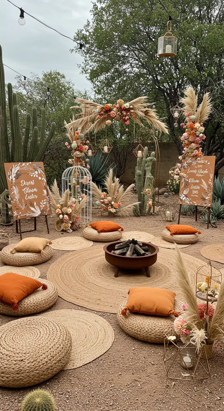 Salon de jardin bohème dans un paysage désertique avec tapis ronds, poufs, arche en herbe de pampa et foyer.
