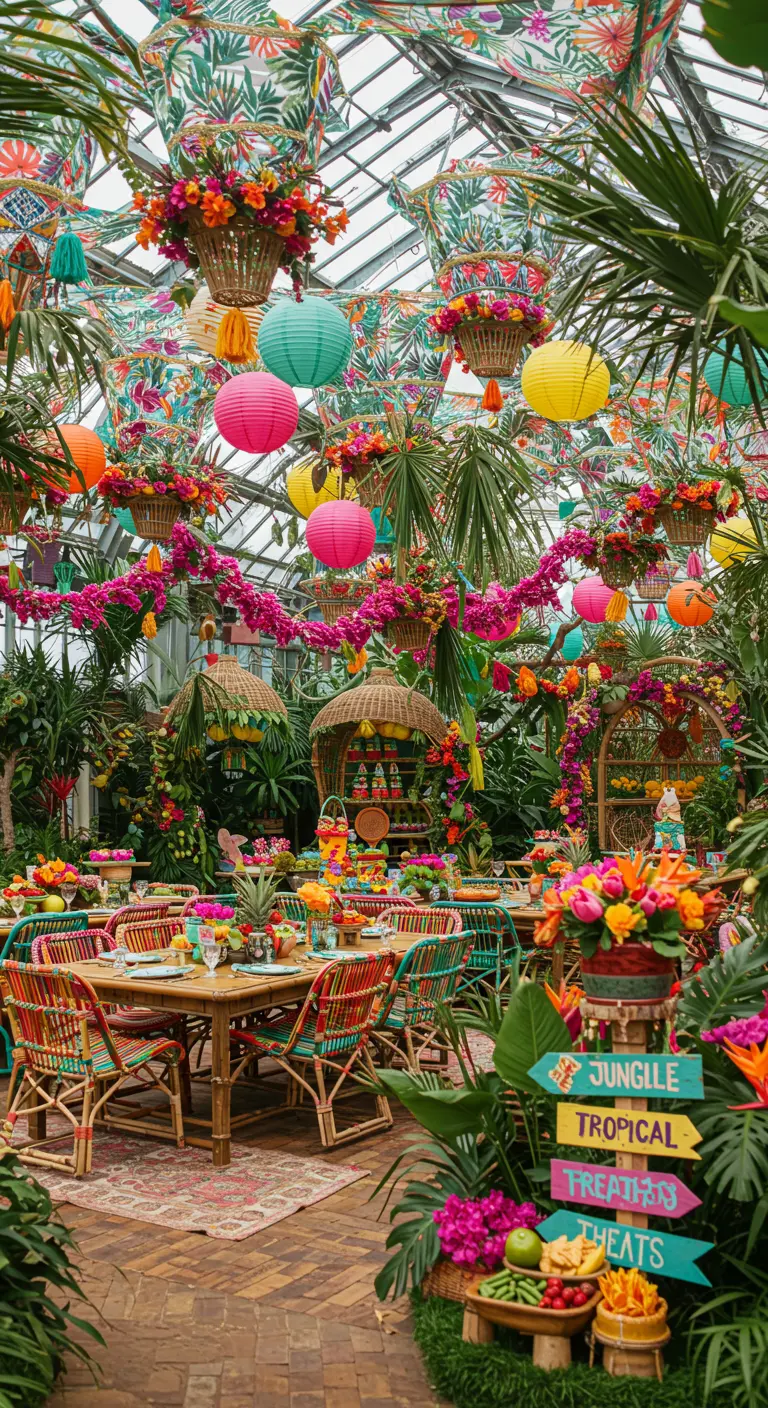 Serre transformée en jungle tropicale festive avec guirlandes de fleurs vives, lampions et mobilier coloré.