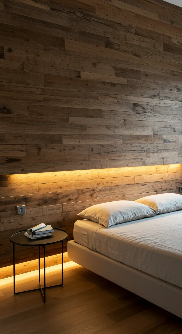 Mur accent en bois avec éclairage LED intégré derrière le panneau et sous le lit.