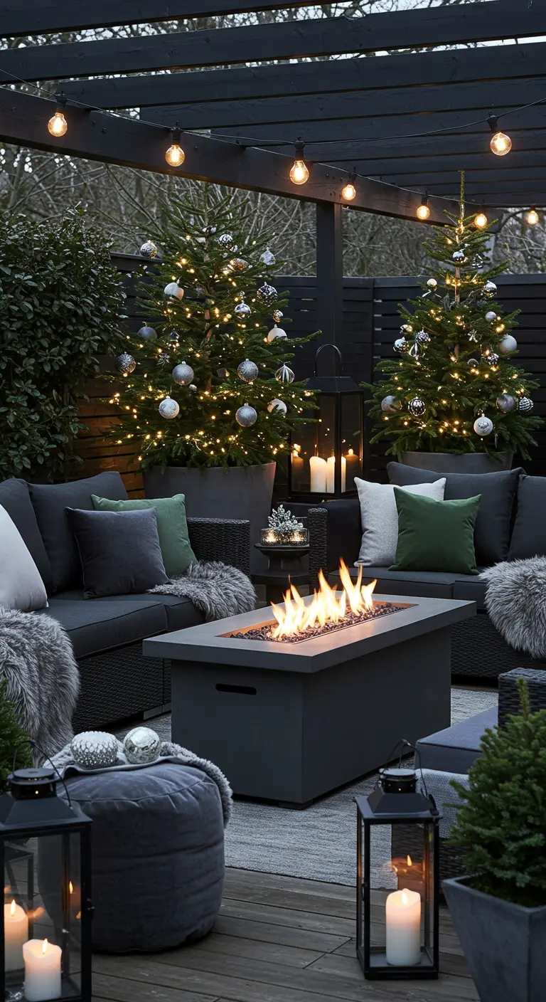 Patio moderne avec salon de jardin, brasero, sapins de Noël argentés et lanternes.