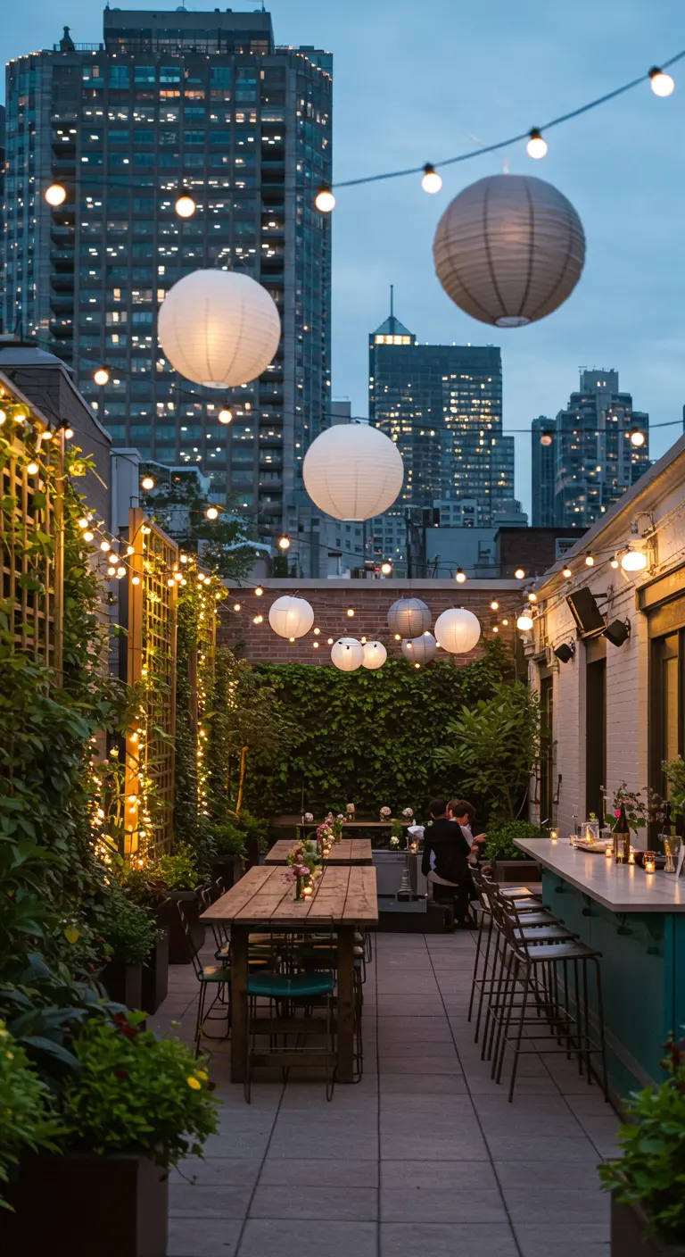 Patio urbain éclairé par des guirlandes lumineuses, des lampions et des plantes grimpantes.