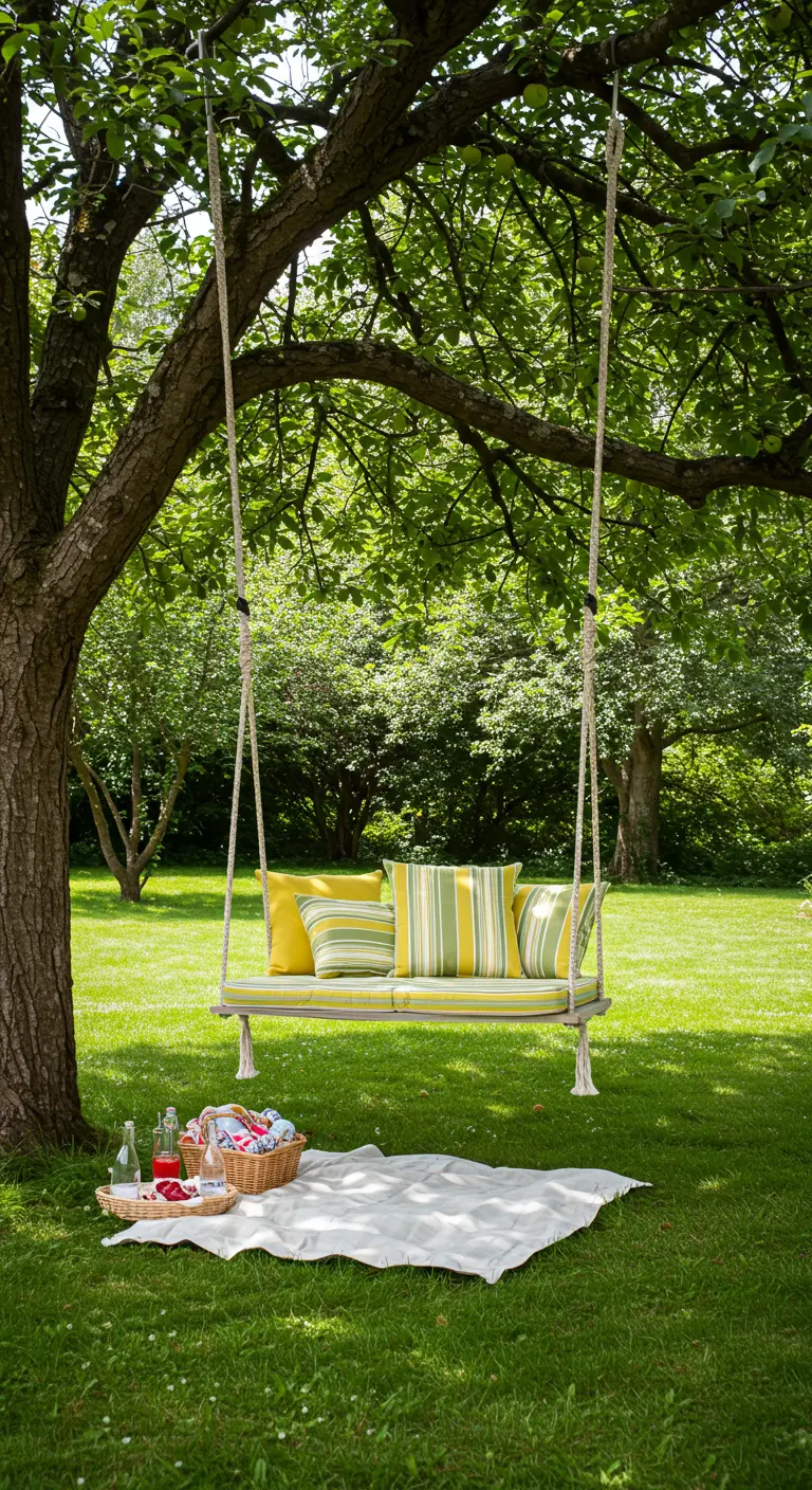 Balançoire en bois, coussins rayés verts/jaunes, panier pique-nique sous un arbre.