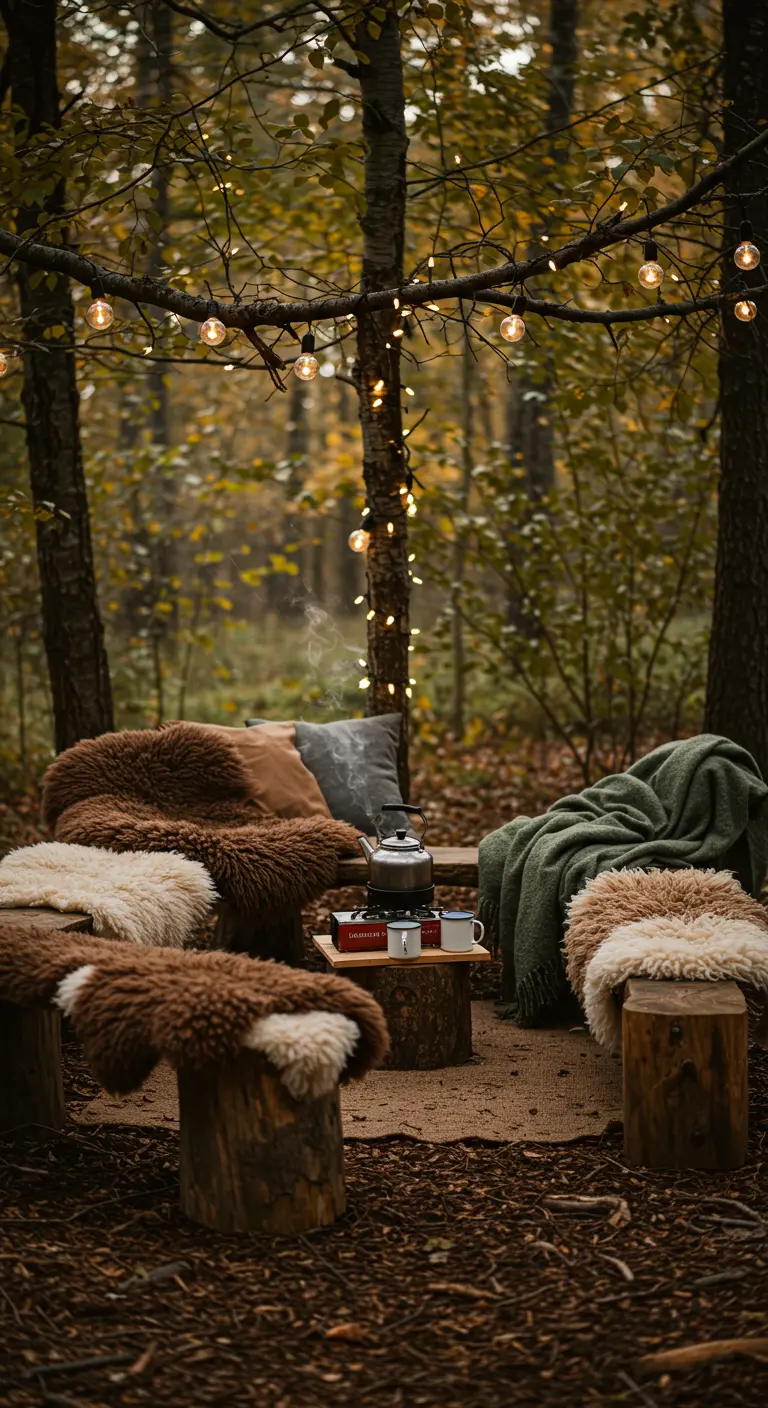 Coin cosy en forêt avec rondins de bois, peaux de mouton et guirlande lumineuse.