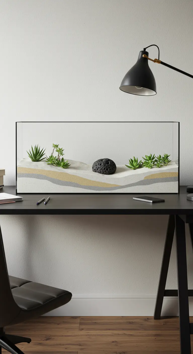 Terrarium rectangulaire bas avec couches de sable de couleurs différentes, petites succulentes et une pierre de lave noire.