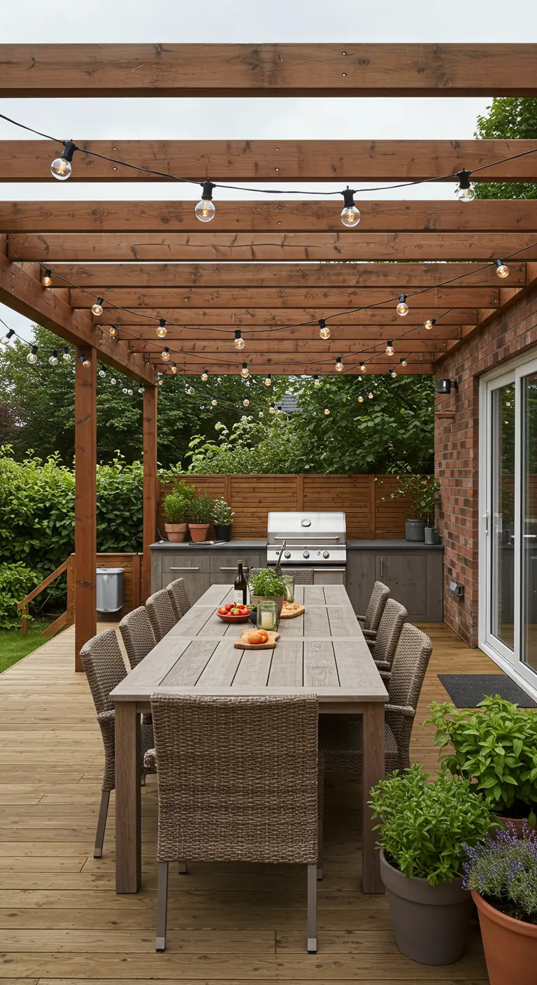 Pergola en bois avec guirlandes lumineuses au-dessus d'une grande table de repas en extérieur.