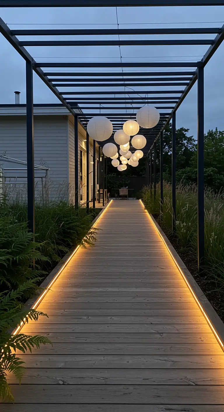 Pergola moderne avec des lampions de papier blancs suspendus, éclairant une allée en bois et des graminées.