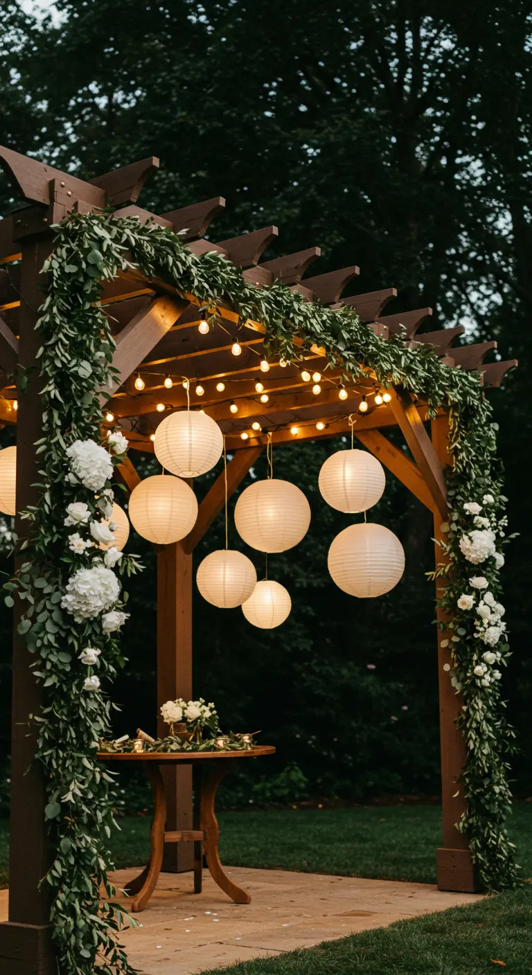 Pergola en bois décorée de verdure, de guirlandes lumineuses et de lampions blancs.