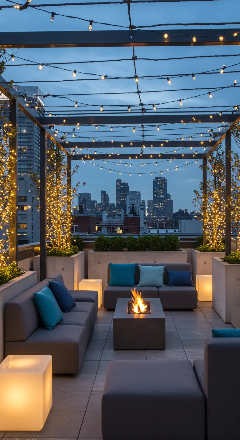 Terrasse de toit moderne avec pergola illuminée de guirlandes, vue sur la ville.