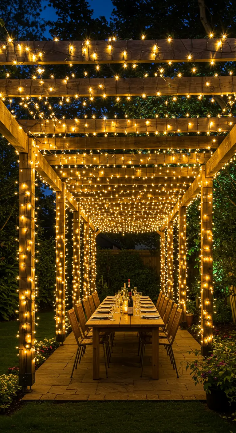 Longue pergola en bois entièrement illuminée de guirlandes lumineuses, créant un tunnel.