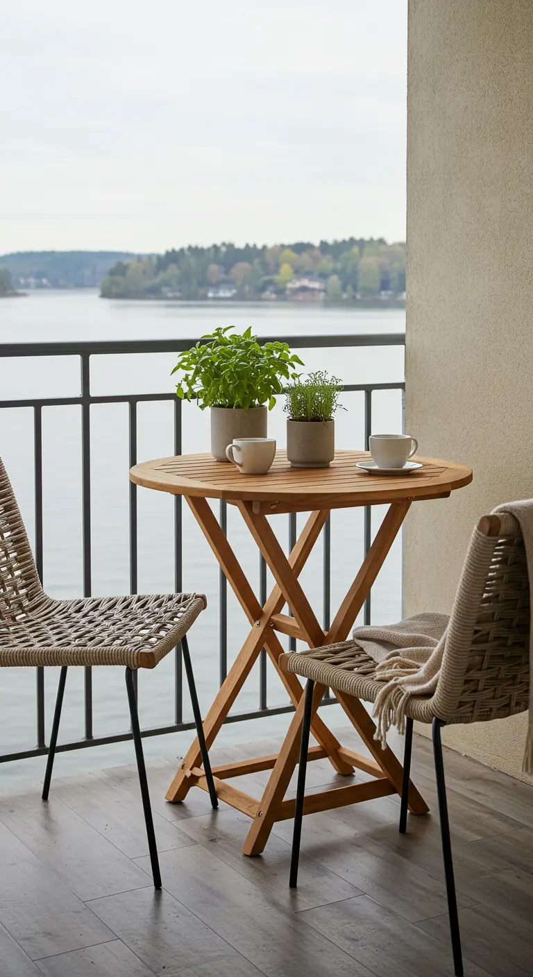 Petite table pliante en bois, deux chaises tressées, herbes aromatiques en pot sur un balcon face à un lac.
