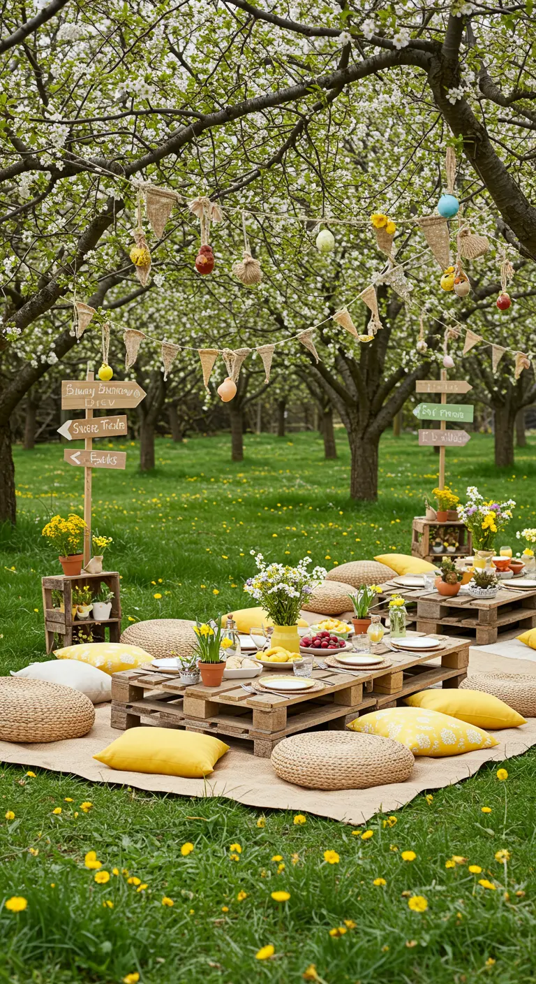 Pique-nique bohème avec tables basses en palettes, coussins jaunes et décorations de Pâques sous des arbres en fleurs.