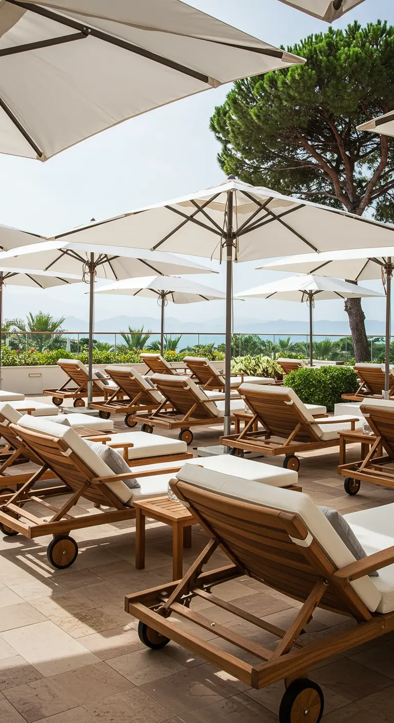 Longue rangée de transats en bois avec coussins blancs, tables d'appoint, sous des parasols, plage ensoleillée.