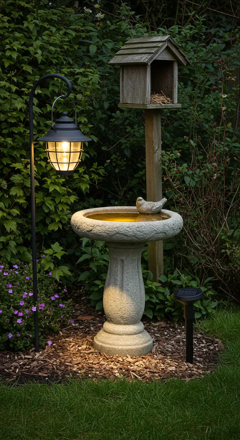 Bain d'oiseaux en pierre avec mangeoire, lanterne solaire suspendue et piquet lumineux.
