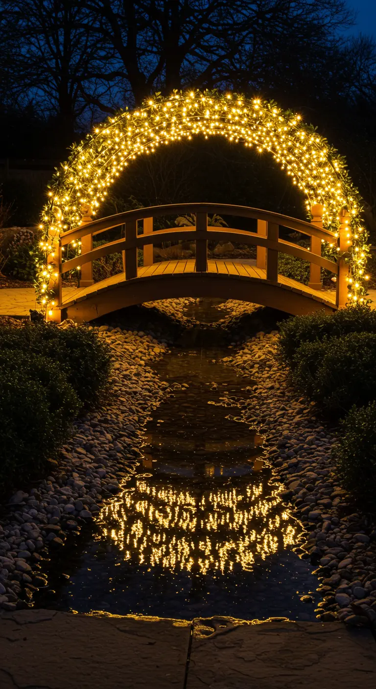 Pont en bois illuminé de guirlandes lumineuses, reflétant dans l'eau d'un petit ruisseau.